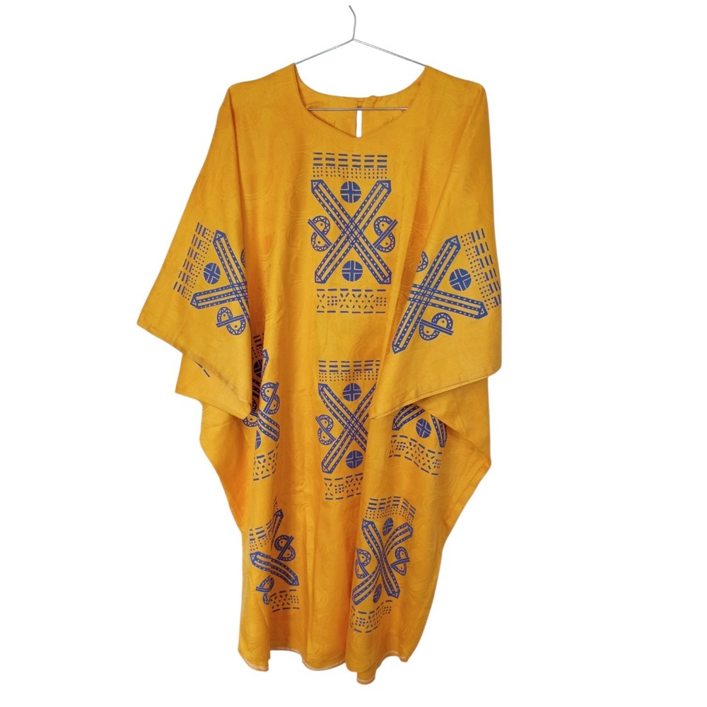 Yellow Blue Geometric Tribal Print Kaftan Oversized Jacquard Batwing Dress